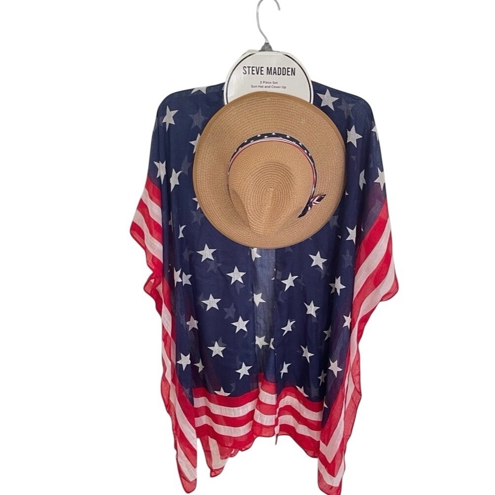 Steve Madden Beach Coverup Kimono Hat 4th Of July Patriotic American Flag NWT